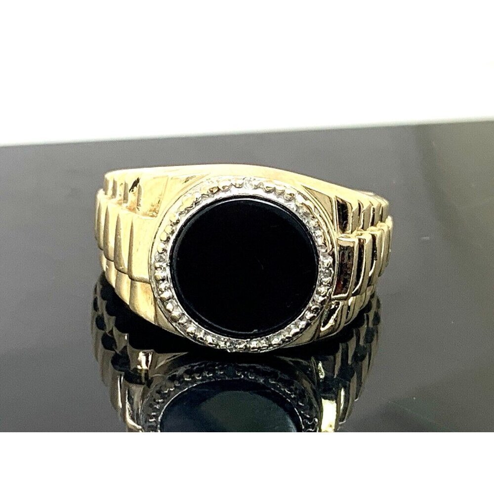 Rolex Style Ring 10k Yellow Gold Diamond Onyx Statement Cocktail Men's S…